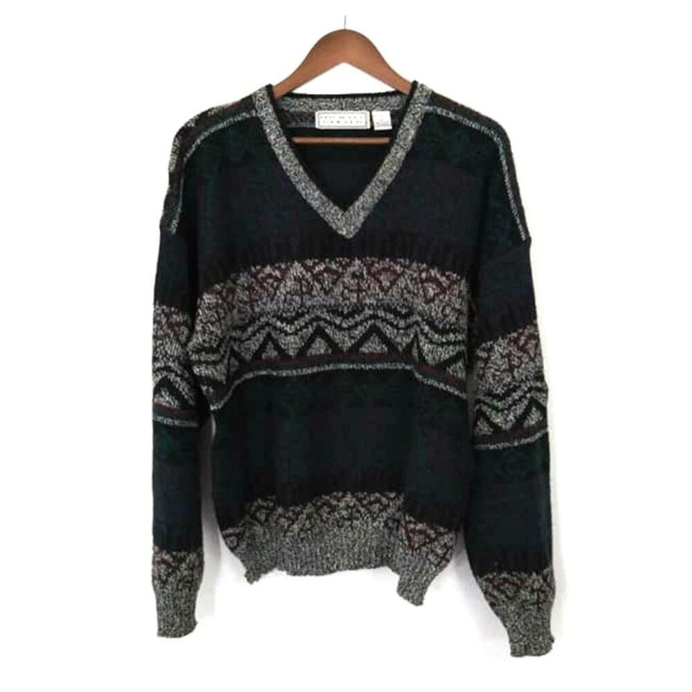 Vintage Michael Gerald V-Neck Tribal Print Grandpa Sweater Sz Large Mens